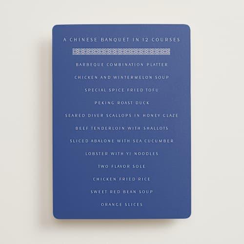 This is a marseille bleu menu cards with standard by Deborah Chou called two toned printing on signature in standard