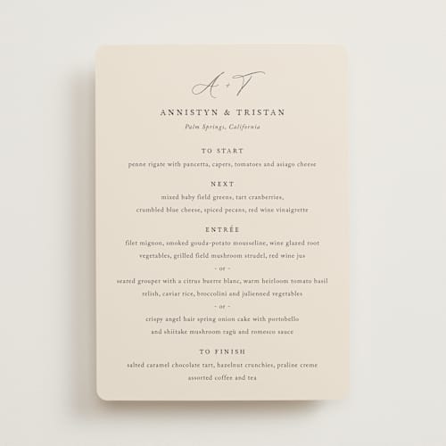 This is a mocha menu cards with standard by Jennifer Postorino called love story printing on signature in 5x7