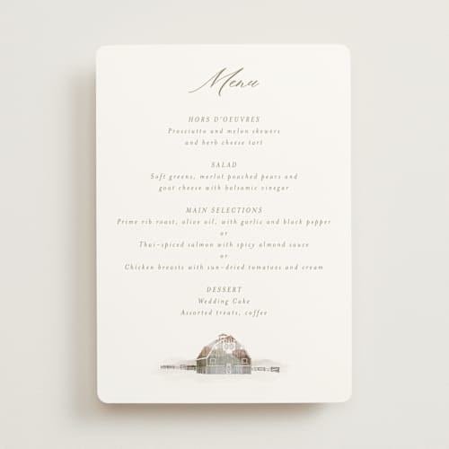 This is a fawn menu cards with standard by AK Graphics called rustic barn printing on signature in standard
