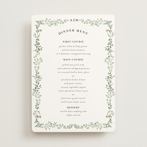 This is a mojito menu cards with standard by Susan Moyal called monogramed arch printing on signature in standard