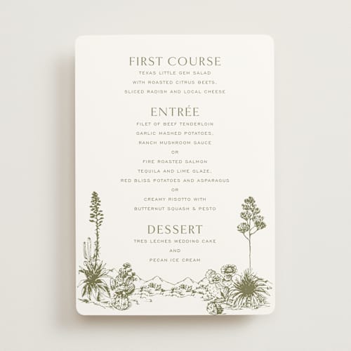 This is a verde menu cards with standard by Megan Davis called rancho printing on signature in standard