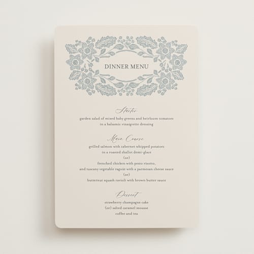 This is a dusty blue menu cards with standard by Jen Owens called embroidered printing on signature in standard