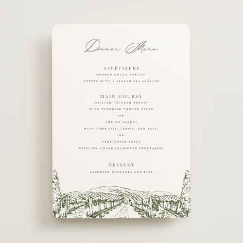 This is a olive menu cards with standard by Sarah Brown called vineyard printing on signature in standard