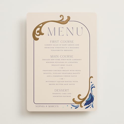 This is a cerulean menu cards with standard by GeekInk Design called gilded printing on signature in standard
