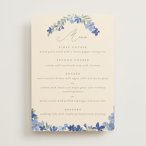 This is a blueberry menu cards with standard by Creo Study called nilgiri printing on signature in 5x7
