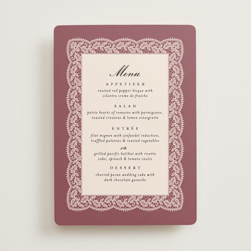 This is a mauve menu cards with standard by Erica Krystek called chantilly printing on signature in standard