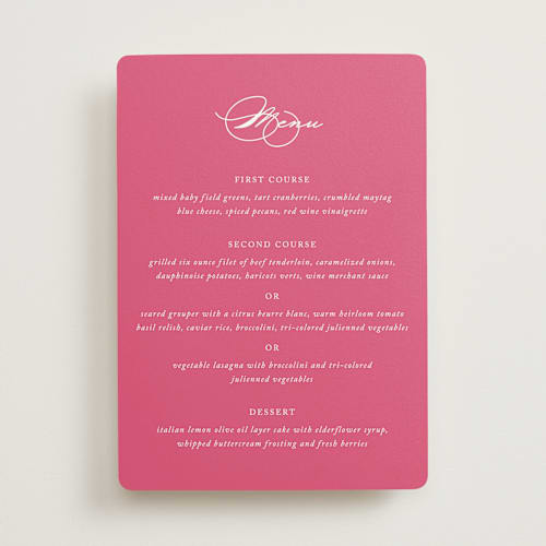 This is a carnation menu cards with standard by Jennifer Postorino called everlasting printing on signature in standard