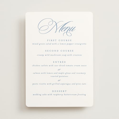 This is a sky menu cards with standard by Creo Study called aristocratic printing on signature in 5x7