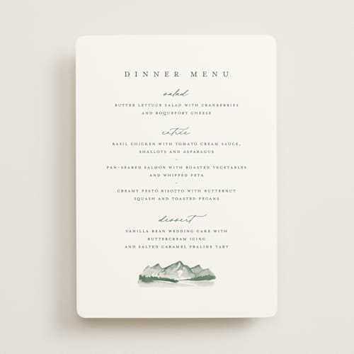 This is a pine menu cards with standard by Amy Kross called mountain ridge printing on signature in 5x7