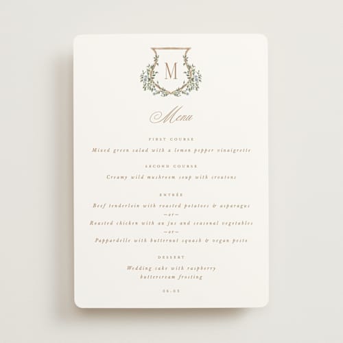 This is a lake menu cards with standard by Leah Bisch called arbour printing on signature in 5x7
