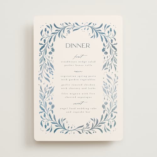This is a delft blue menu cards with standard by Ashley DeMeyere called porcelain printing on signature in 5x7