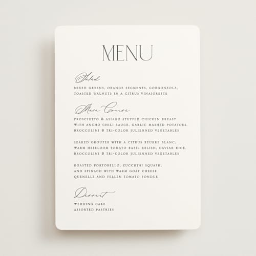 This is a cotton menu cards with standard by Vanessa Doyle called contemporary printing on signature in 5x7