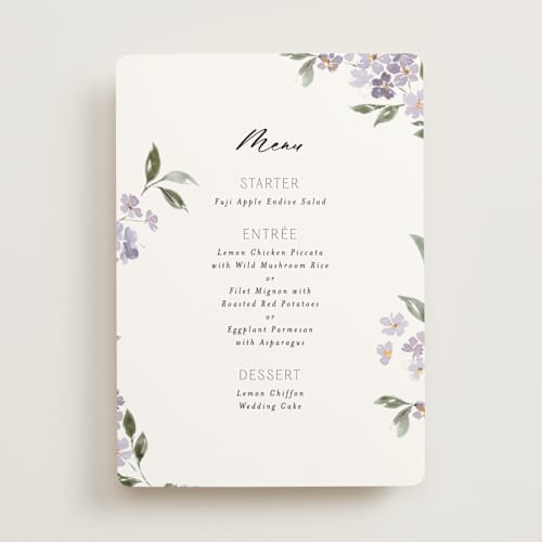This is a periwinkle menu cards with standard by Itsy Belle Studio called sweeping vine printing on signature in standard