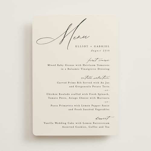 This is a ecru menu cards with standard by Hooray Creative called scripted names printing on signature in 5x7