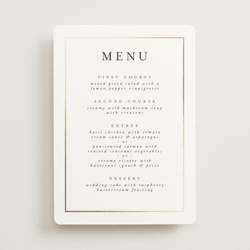 This is a pearl menu cards with foil pressed by Nicole Walsh called gilded frame printing on signature in standard