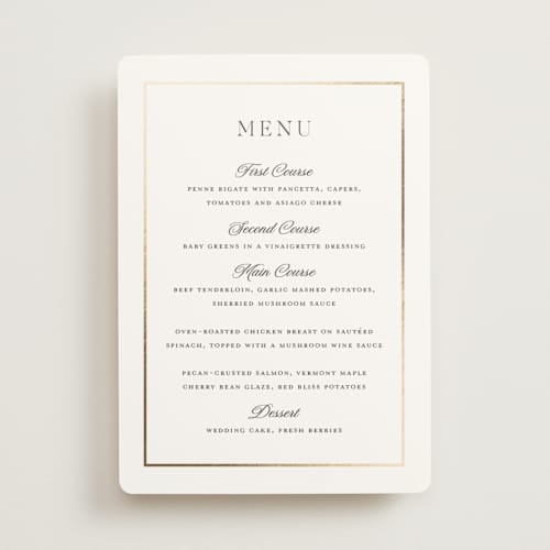 This is a pearl menu cards with foil pressed by Stacey Meacham called opulence printing on signature in 5x7