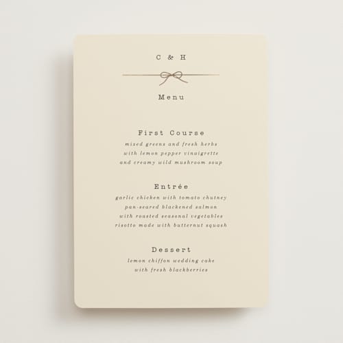 This is a ivory menu cards with foil pressed by Baumbirdy called bow tie printing on signature in 5x7