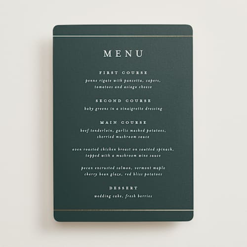 This is a forest menu cards with foil pressed by Stacey Meacham called style and grace printing on signature in 5x7