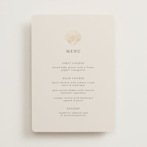 This is a sand menu cards with foil pressed by Hannah Bowman called simple seashell printing on signature in 5x7
