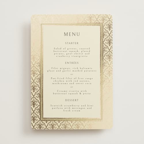 This is a marigold menu cards with foil pressed by Pati Cascino called aatreya printing on signature in standard