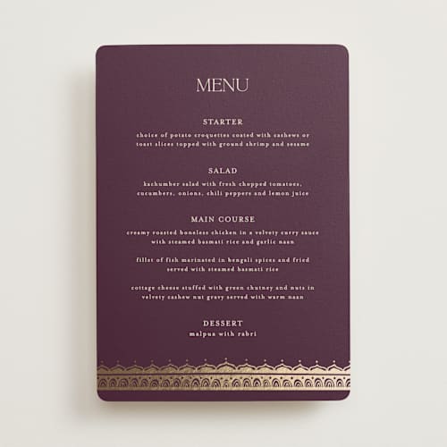 This is a plum menu cards with foil pressed by Randi Cirelli called arunima printing on signature in standard