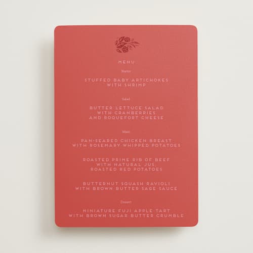 This is a ruby menu cards with foil pressed by Ghia Designs called fiery printing on signature in standard