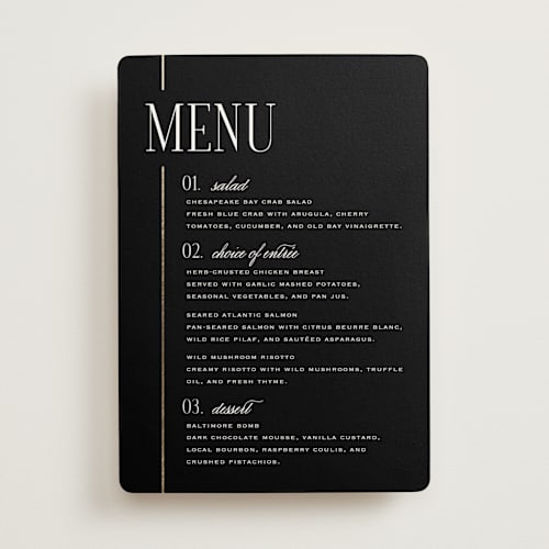 This is a silk menu cards with foil pressed by Laura Hankins called linear printing on signature in 5x7