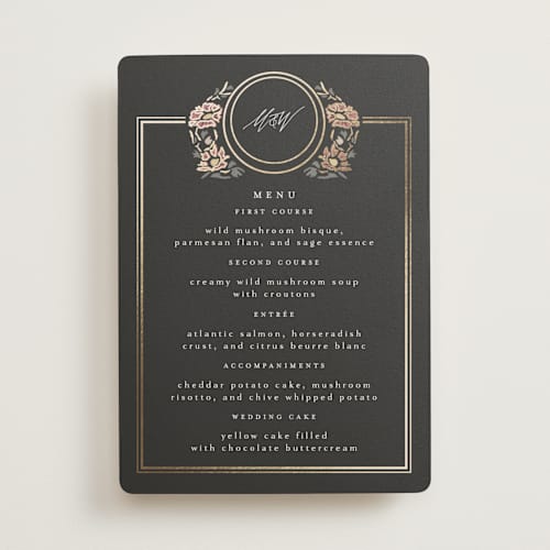 This is a ebony menu cards with foil pressed by Ana de Sousa called timeless nature printing on signature in 5x7