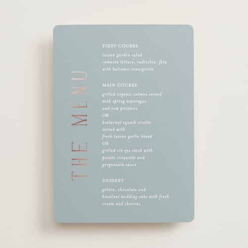 This is a provincial menu cards with foil pressed by Angela Thompson called gilded edge printing on signature in 5x7