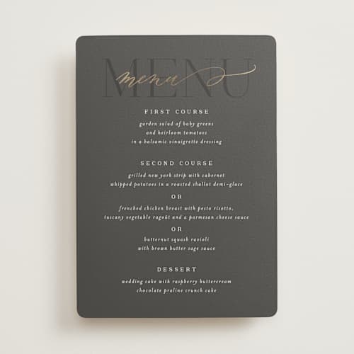 This is a stormy menu cards with foil pressed by Jessica Williams called over monogram printing on signature in standard