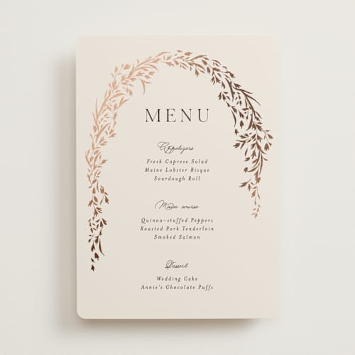 This is a almond menu cards with foil pressed by Erin L. Wilson called trailing vines printing on signature in standard
