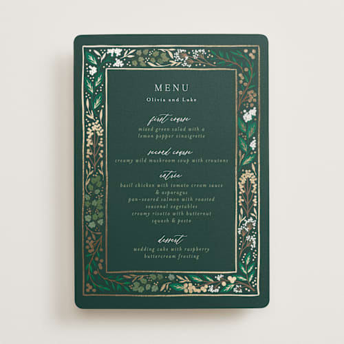 This is a evergreen menu cards with foil pressed by Alethea and Ruth called illuminated storybook printing on signature in 5x7