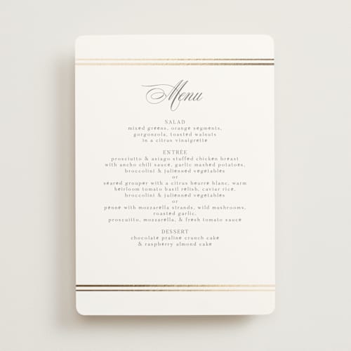 This is a pearl menu cards with foil pressed by Nicole Walsh called classic elegance printing on signature in standard