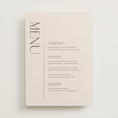 This is a linen menu cards with foil pressed by Kelly Schmidt called modern corner printing on signature in standard