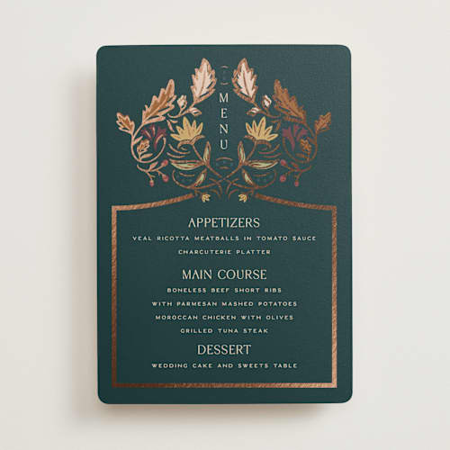 This is a deep sea menu cards with foil pressed by Erin German called autumnal arch printing on signature in standard