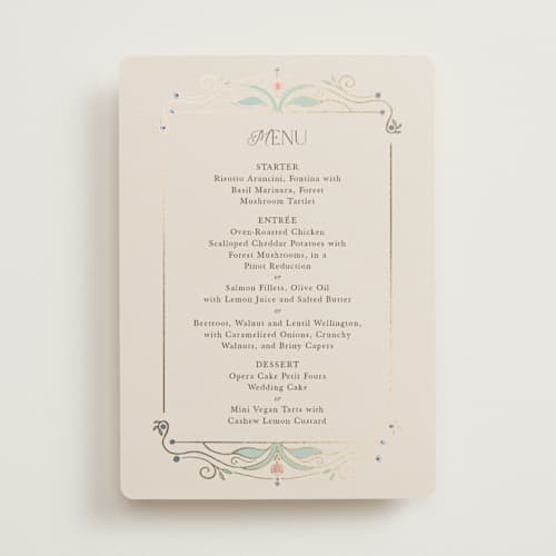 This is a ivory menu cards with foil pressed by Maria Hilas-Louie called ornate elegance printing on signature in standard
