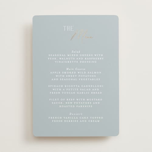 This is a dusty blue menu cards with foil pressed by Angela Thompson called delicacy printing on signature in standard