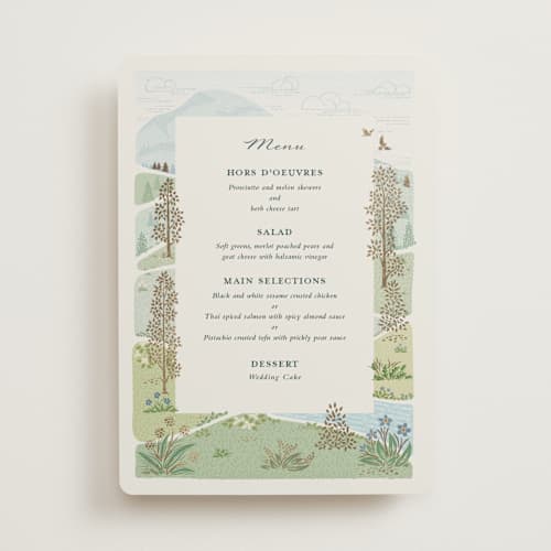 This is a evergreen menu cards with foil pressed by Paper Sun Studio called mountaintop printing on signature in standard