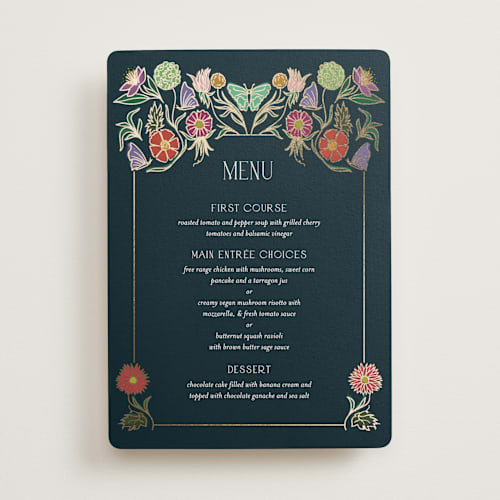 This is a midnight garden menu cards with foil pressed by Simona Camp called gilded tapestry printing on signature in standard