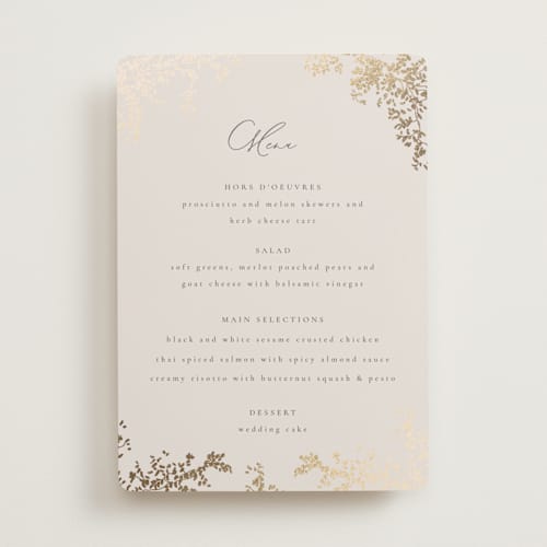 This is a luxe neutral menu cards with foil pressed by Design Lotus called forever and a day printing on signature in standard