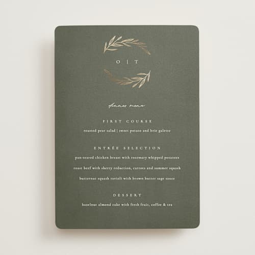 This is a moss menu cards with foil pressed by Kelly Schmidt called leaves printing on signature in standard