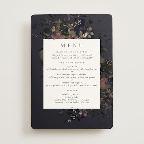 This is a midnight menu cards with foil pressed by Grace Kreinbrink called vintage rose garden printing on signature in standard