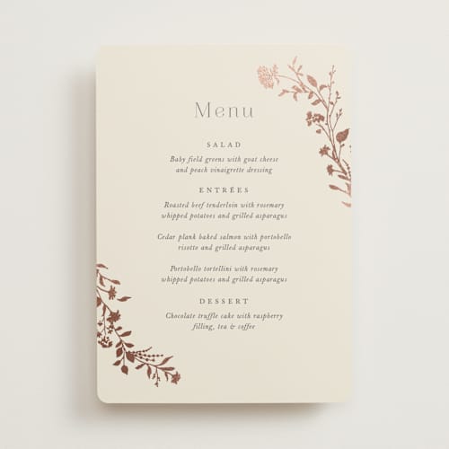 This is a creme brulee menu cards with foil pressed by Jennifer Wick called queen anne's lace printing on signature in standard