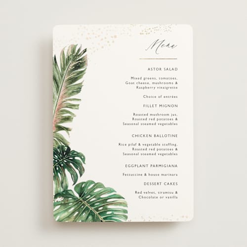 This is a tropical menu cards with foil pressed by Elly called our paradise printing on signature in standard