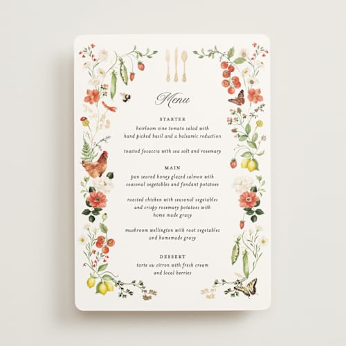 This is a verona sunset menu cards with foil pressed by Sarah Knight called fleur printing on signature in 5x7