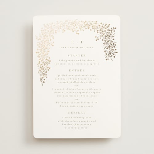 This is a leaf menu cards with foil pressed by Kristie Kern called villa printing on signature in standard
