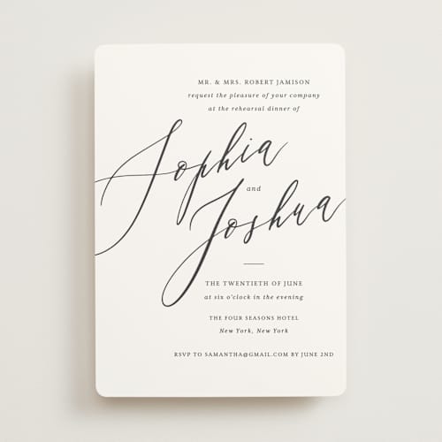 This is a snow rehearsal dinner invitations with standard by Griffinbell Paper Co. called crescendo printing on signature in standard