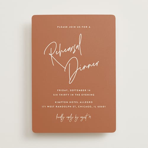 This is a rust rehearsal dinner invitations with standard by JoAnn Jinks called marked printing on signature in standard