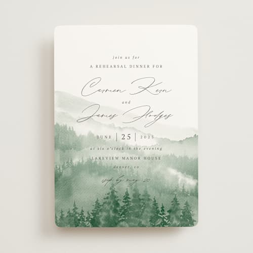 This is a fern rehearsal dinner invitations with standard by Helen Halik called over the mountains printing on signature in standard