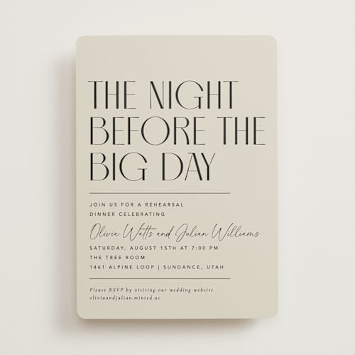 This is a sand rehearsal dinner invitations with standard by Robert and Stella called modern stack printing on signature in standard